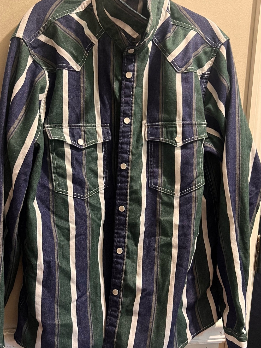 Striped Green & Navy Casual Button-Down Shirt
